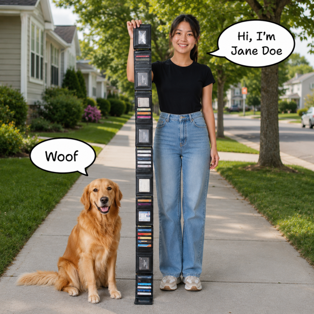 Person holding ID info for themselves, dog does not have ID